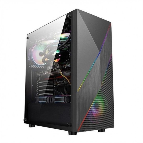 ETEK - PC Mid Tower Case Panel przedni nieregularny i sieciowy z paskiem LED ARGB, Panel boczny ze szkła hartowanego, panel górny I / O