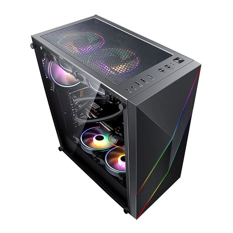 ETEK - PC Mid Tower Case Panel przedni nieregularny i sieciowy z paskiem LED ARGB, Panel boczny ze szkła hartowanego, panel górny I / O