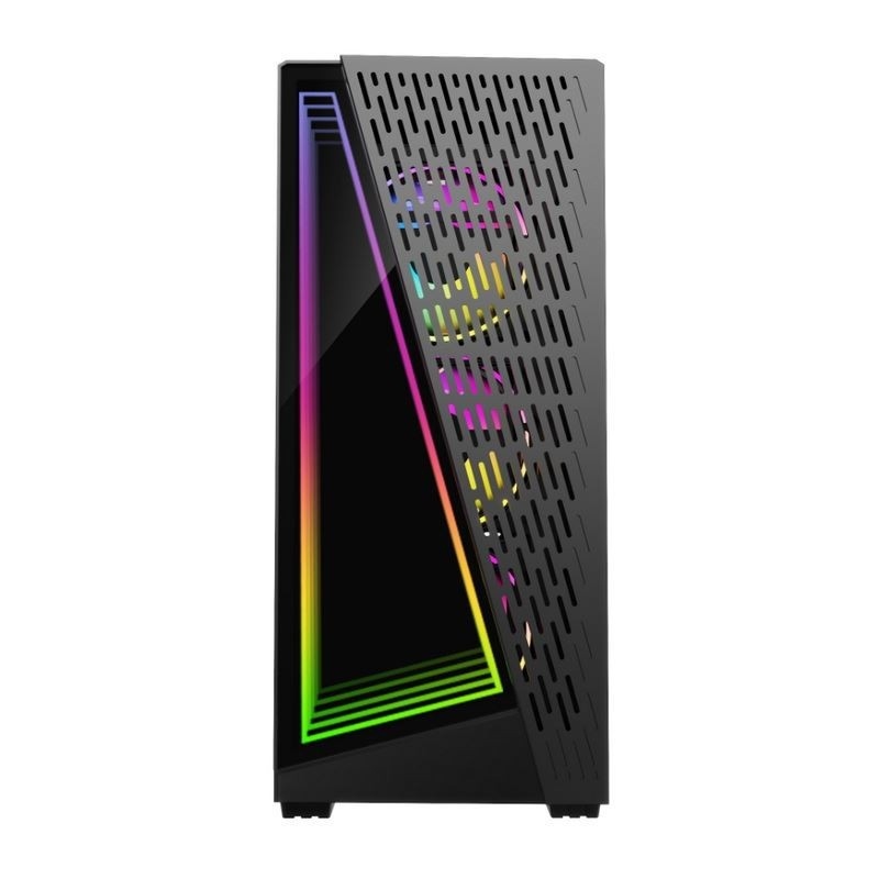 Dostępne są wentylatory ARGB Dazzle Time Tunnel Effect o średnicy 12 cm w kolorze czarnym i białym. Panel boczny to szkło hartowane.