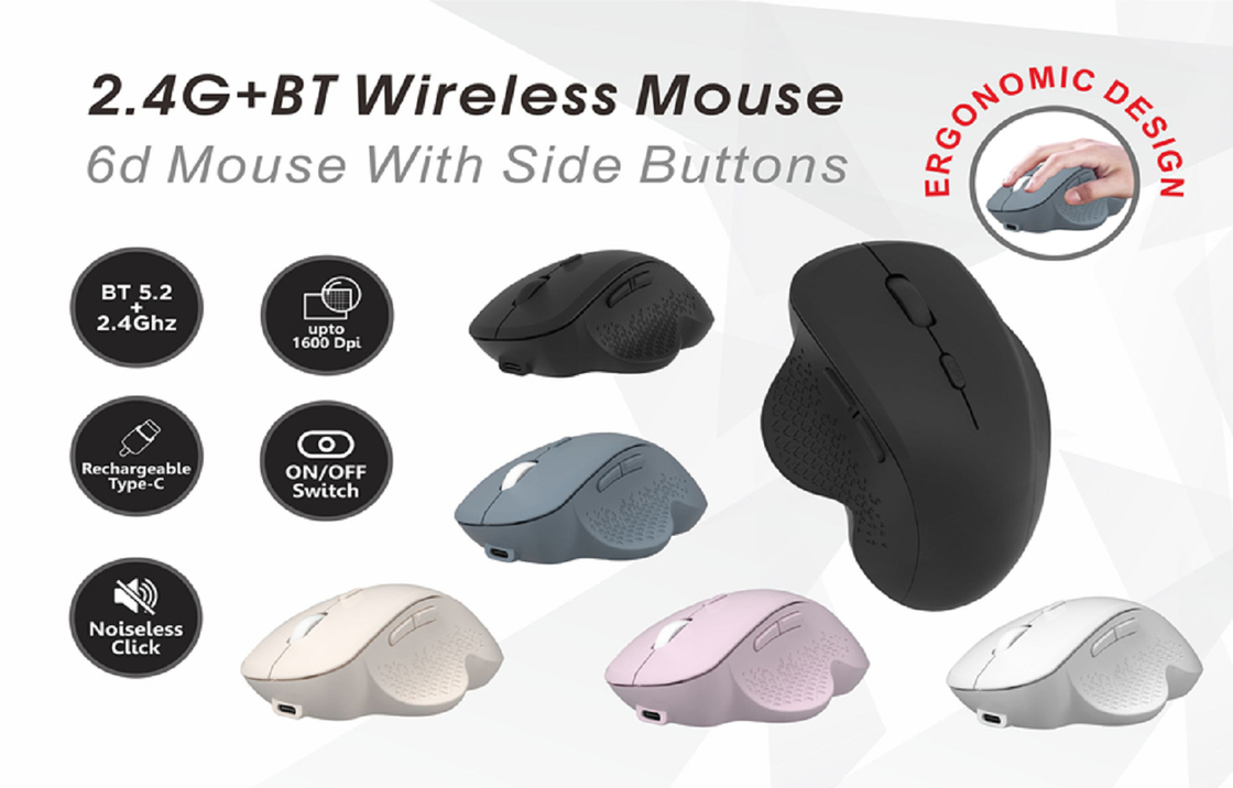 Mysz 6D z przyciskami bocznymi,2.4G, Bluetooth 5.2Ergonomiczny design, do 1600 dpi, bez hałasu, dla pracowników biurowych, projektantów, graczy