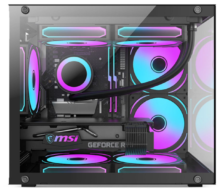 Panoramic Design Computer Case 0,35mm SPCC Steel 5 x 12cm Fans Szklane Panele Po lewej i z przodu dla graczy Użytkowników biura domowego i entuzjastów DIY.