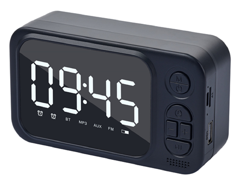 Głośnik 52mm, wyjście 3W RMS, obsługuje Bluetooth, AUX, kartę TF, USB, radio FM i zegar.