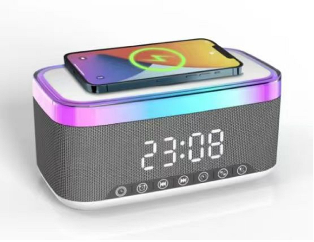 Głośnik Bluetooth obsługuje szybkie ładowanie 15W, podwójne głośniki 52mm z wyjściem 10W, bateria litowa 1200mAh, inteligentny zegar
