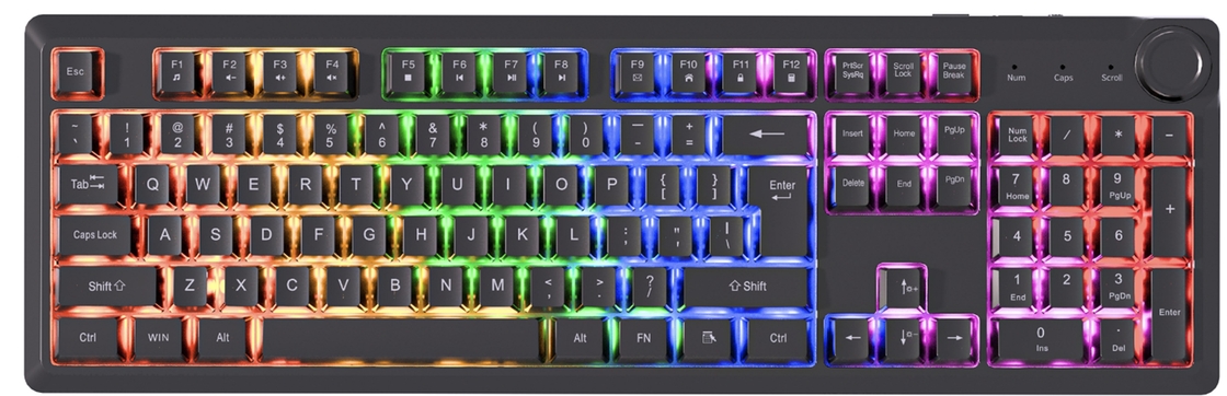 104-Key Wired Keyboard Multimedia FN Klawisze Rainbow Light ABS + czarne klawiatury + srebrna membrana 510g lekkie ciało