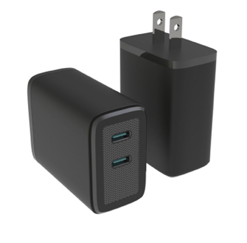 Ładowarka GaN z dwoma portami USB-C, z maksymalną mocą wyjściową 65W, obsługą wielu protokołów PD, napięcie globalne 110-240V, czarny / biały