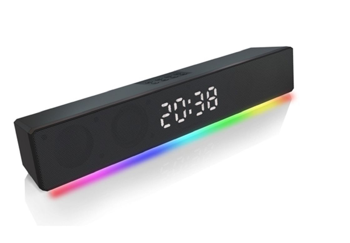 Podwójny 2-calowy dźwięk sterownika z 10W RMS całkowitym wyjściem RGB Clock 5 tryby wejścia BT / FM / USB / TF / AUX ABS + konstrukcja żelaznej siatki