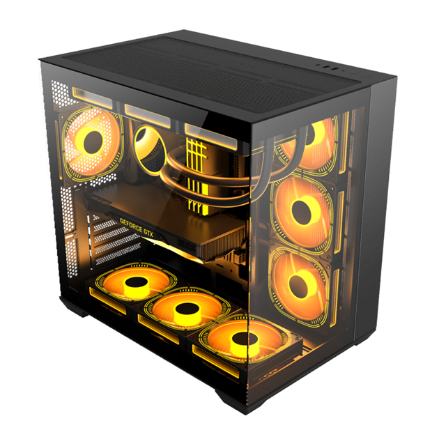 Obudowa komputerowa obsługuje płyty główne EATX/ATX/Micro-ATX/Mini-ITX/BTF ze stali SPCC o średnicy 0,6 mm i dwustronnym szkłem hartowanym