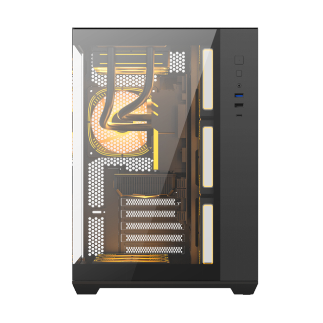Obudowa komputerowa obsługuje płyty główne EATX/ATX/Micro-ATX/Mini-ITX/BTF ze stali SPCC o średnicy 0,6 mm i dwustronnym szkłem hartowanym