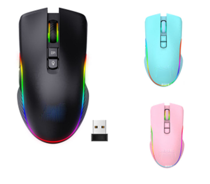 Ergonomiczna bezprzewodowa mysz gamingowa 2.4G RGB z 7 przyciskami, regulowanym DPI (1000/1600/2400), akumulatorem 600mAh ładowanym przez USB-C