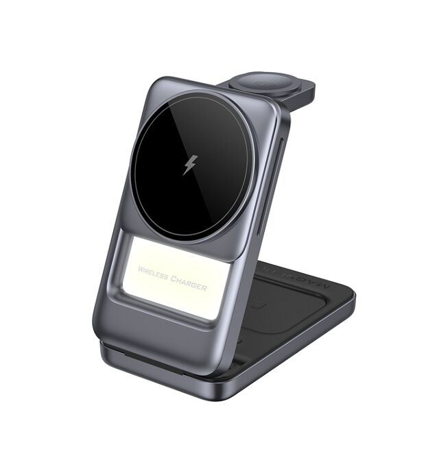 Składana ładowarka bezprzewodowa 3 w 1, Niebieski/Szary, Srebrny/Szary, Plastik+Metal, 15W Telefon, 2.5W Zegarek, 5W Słuchawki, Lampka Nocna