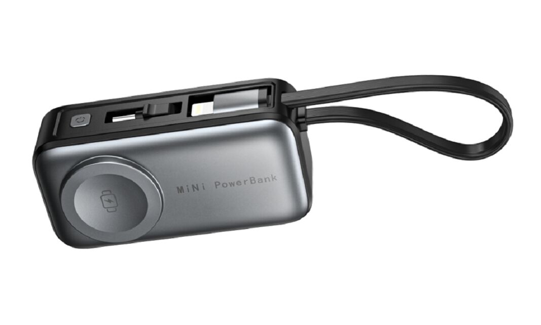 Mini Power Bank Bezprzewodowy 5000mAh, 18W PD, Ładowanie Zegarka 2.5W, Dwa Wejścia (USB-C+Lightning), Biały/Srebrny & Czarny/Szary