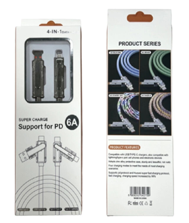 Przejrzysty kabel szybkiego ładowania, 65W C-C, 27W C-L, 5-rodzina miedziana, wskaźnik LED