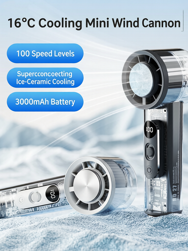 Przenośny ręczny wentylator chłodzący półprzewodnikowy, regulacja 100-poziomowa, wyświetlacz cyfrowy, 3000 mAh Type-C z podstawką i haczykiem