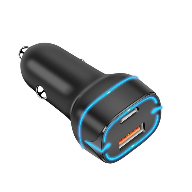 38W podwójny ładowarka samochodowa, PD20W+QC18W rzeczywista moc wyjściowa, 12-24V szeroka moc wejściowa, niebieska LED