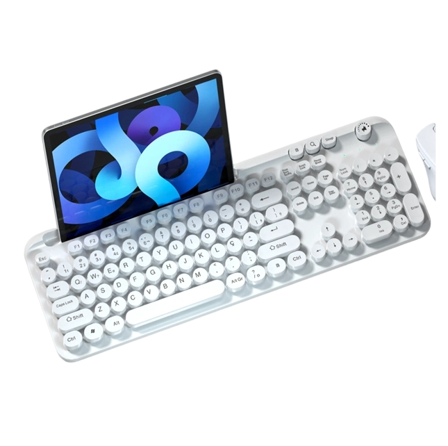 Klawiatura bezprzewodowa 2.4G i Bluetooth | Ładowanie przez Type-C | Bateria 500mAh | Pokrętło głośności | 104 klawisze pełnowymiarowe